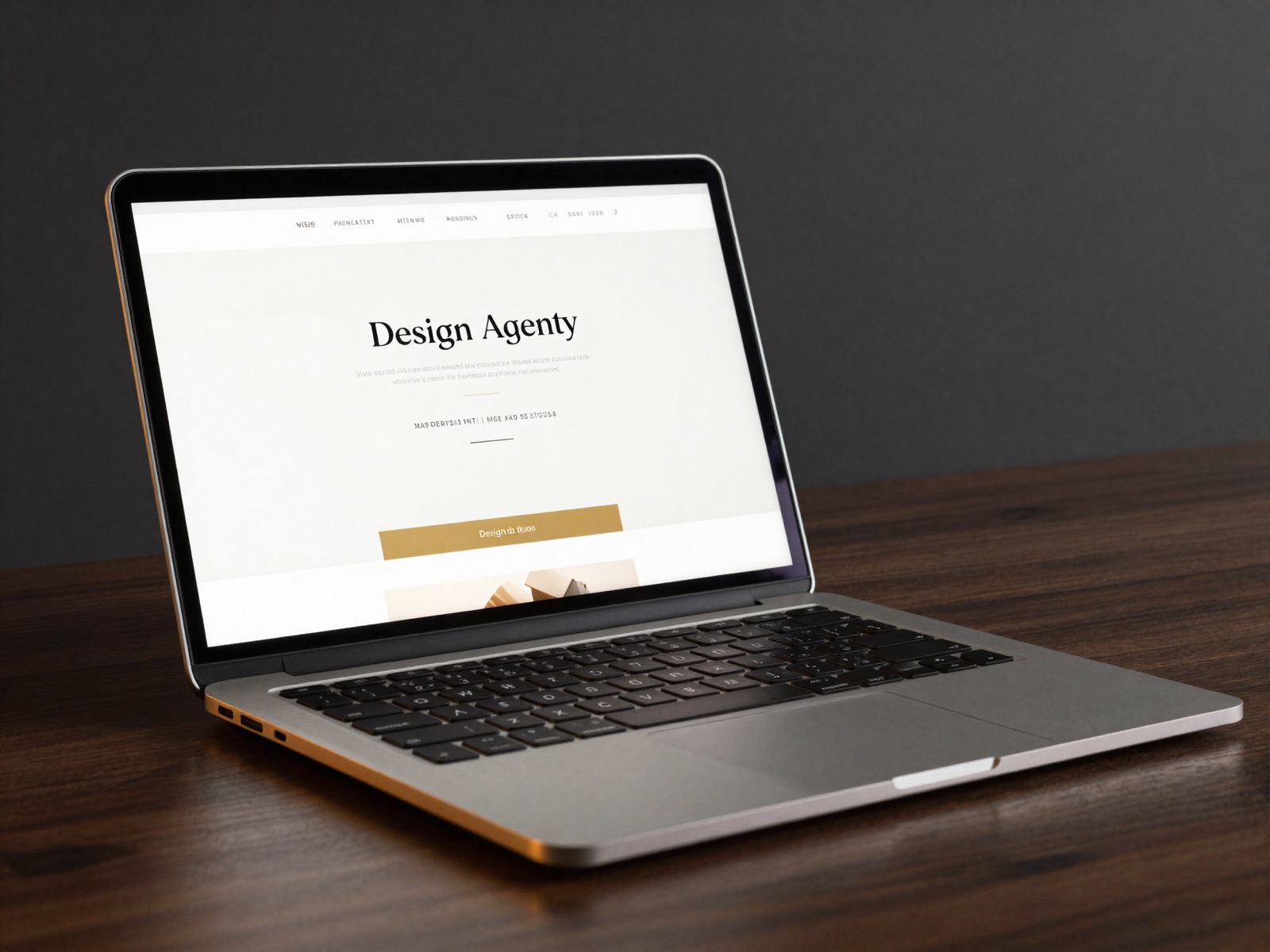 KI-generiertes Produktfoto: eleganter Laptop auf dunklem Holztisch, der eine Premium-Webdesign-Website mit Gold-Akzenten zeigt